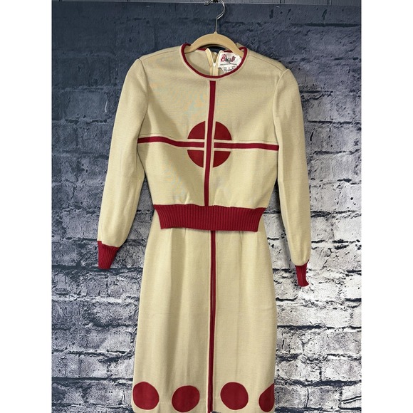 Vintage Bakalli 2pc Dress & Sweater Set Womens 10 Mod Geometric Red Beige - Picture 2 of 16
